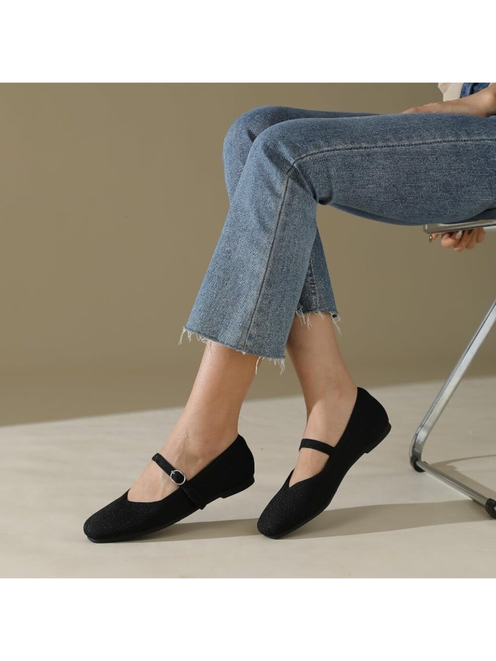 〽️Women Black Striped Knit Flats Square Toe Casual Ballet Flat Ankle Strap Shoes
